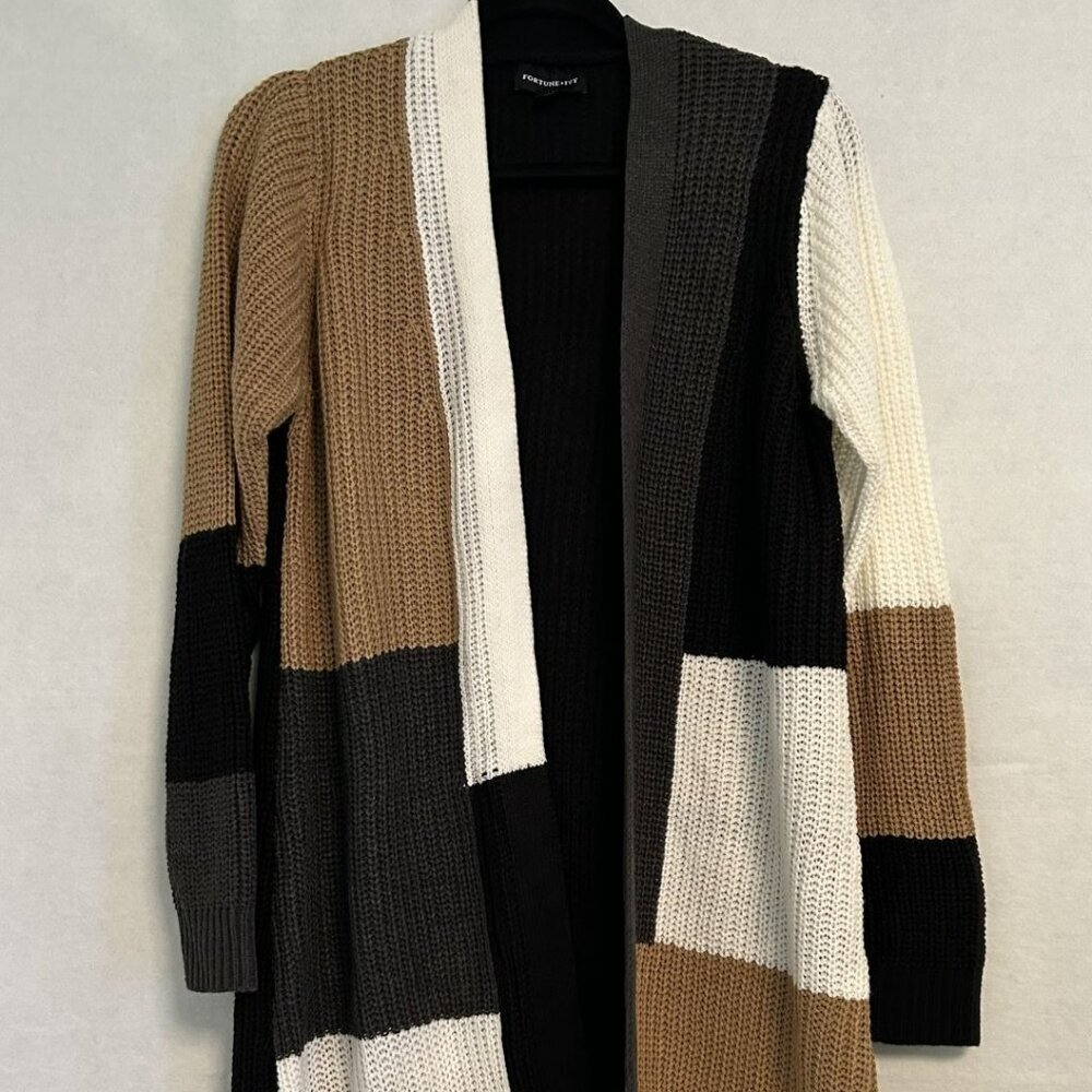 Fortune & Ivy Edwina Long Sleeve Colorblock Open Front Long Cardigan NWOT